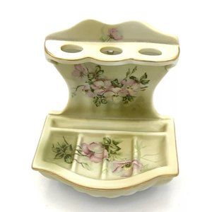 Vintage Nippon Hand Painted Porcelain Toothbrush  Soap Holder Hang Stationary
